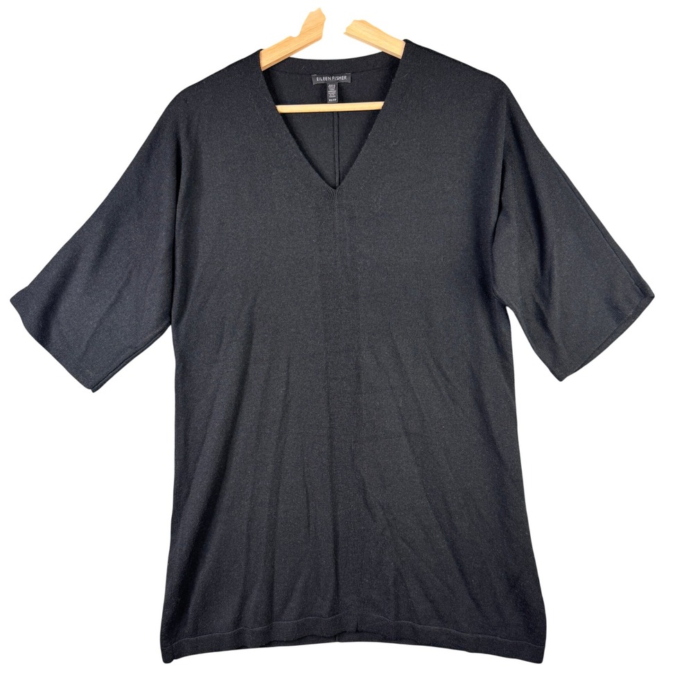 Eileen Fisher Black 100% Merino Wool V-Neck‎ Elbow Sleeve Tunic Sweater XS F17MF